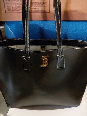 Burberry Black Leather Tote with Gold TB Monogram